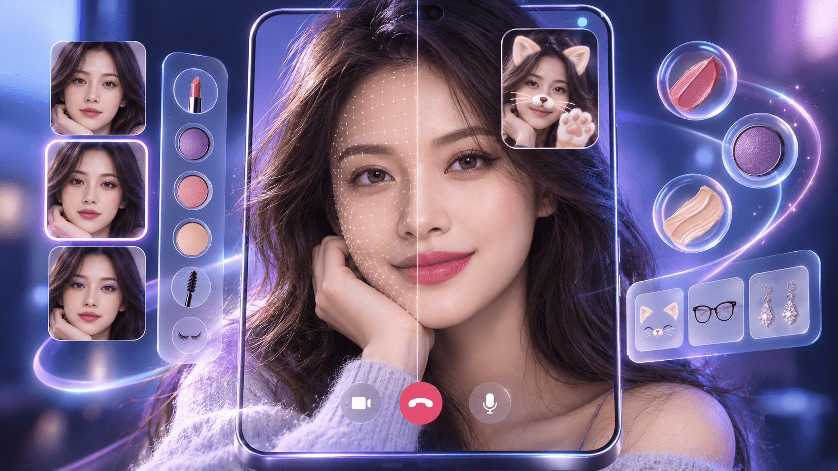 A live video call showing real-time AR makeup rendered on the caller's face, with a makeup product rail and accessory panel